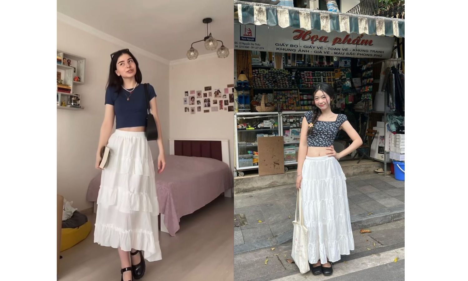 Chân váy tầng dài với áo croptop